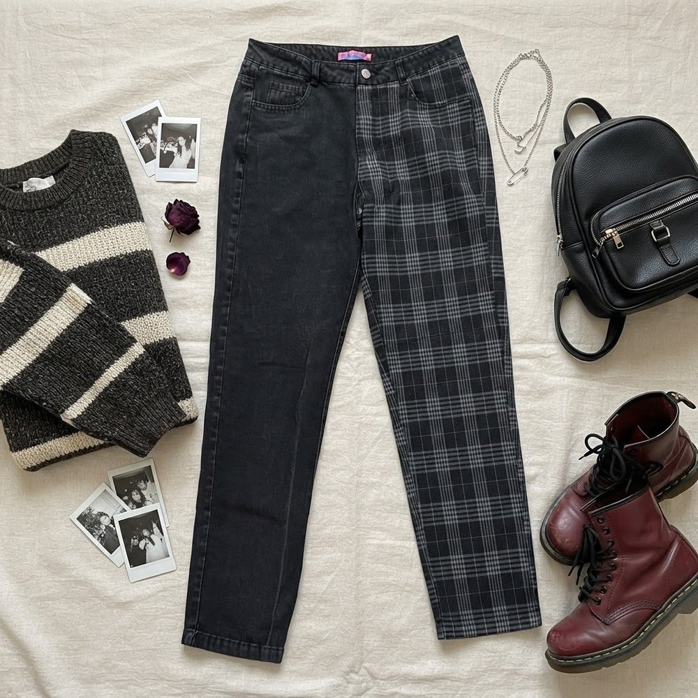 Edikted Two Tone Plaid Black Jeans Women Medium Straight Leg High Rise Grunge